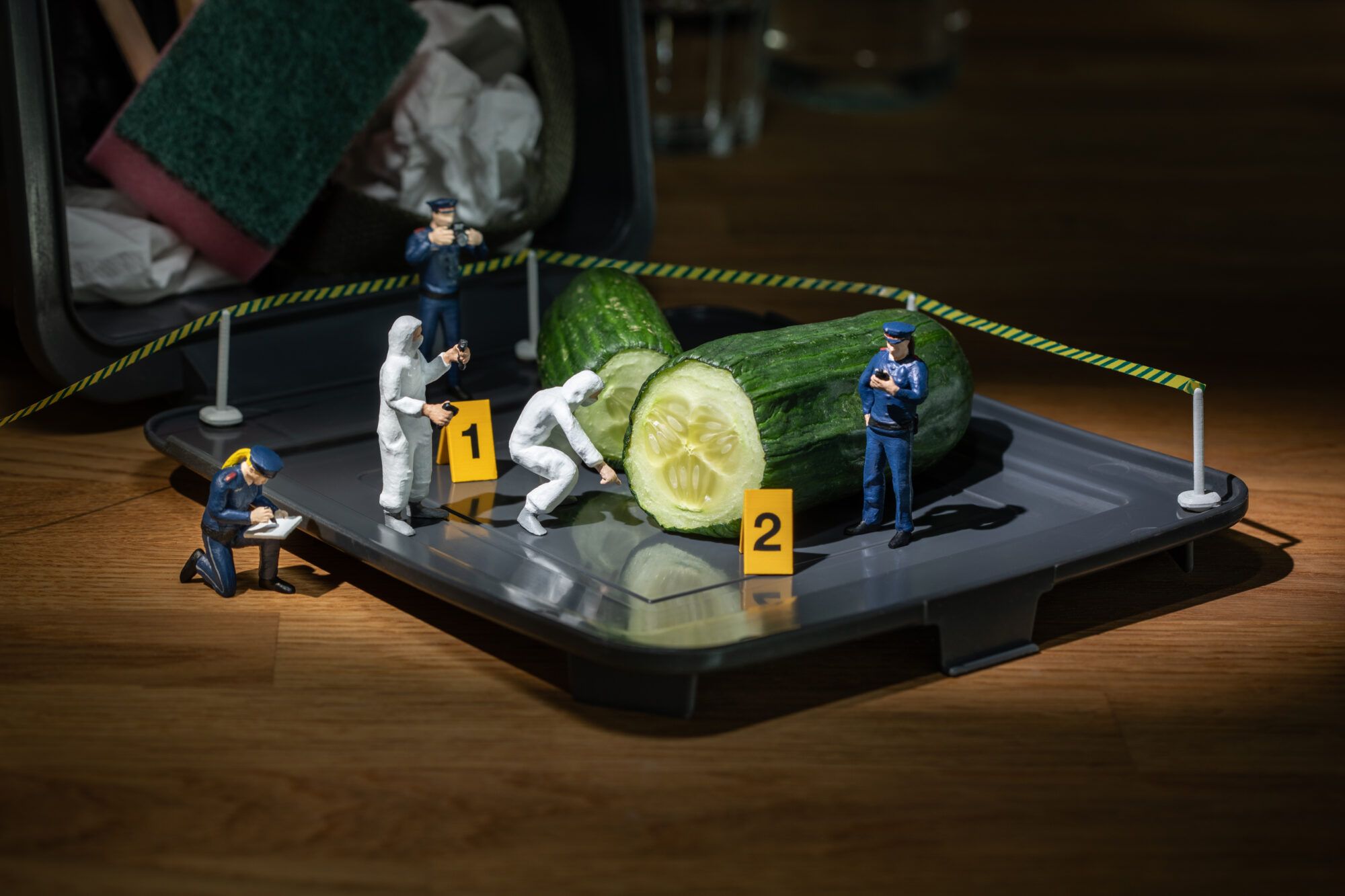 Miniaturpolizisten inspizieren den Tatort Tonne mit einer Gurke.