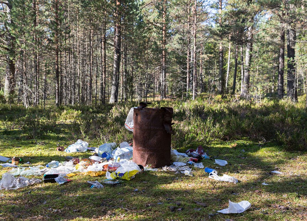 Auf dem Bild ist eine alte rostige Tonne mit Abfall in einem Wald zu erkennen. Am Boden liegen unterschiedliche Abfälle wie Plastikflaschen, Dosen und Papier.