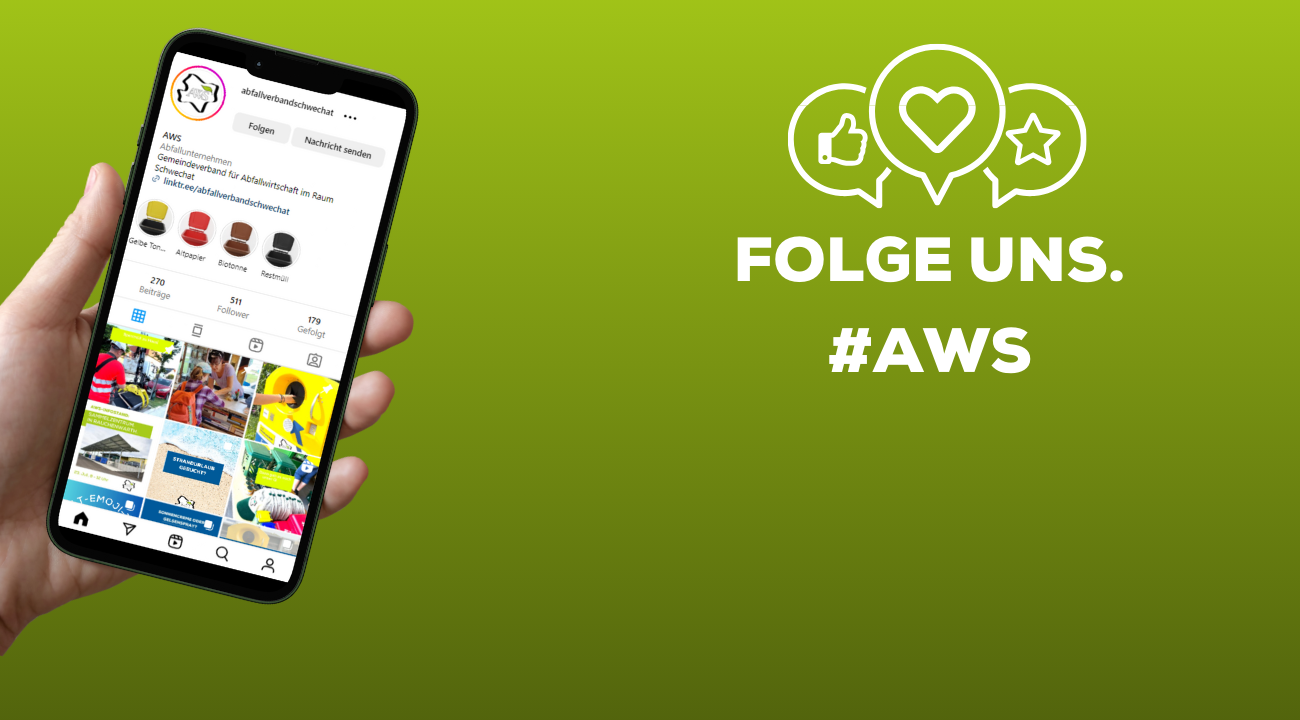 Handy mit AWS Social Media Seite in einer Hand. Daneben weißer Text auf grünem Hintergrund: Folge uns. #AWS