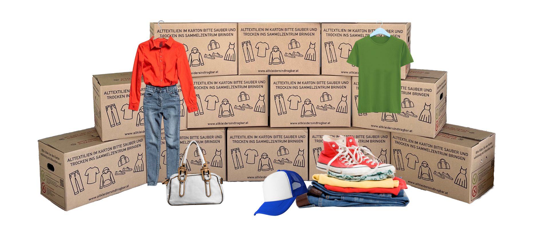 Stapel Altkleiderkartons, daran h&auml;ngen diverse Bekleidungsst&uuml;cke wie ein Shirt, eine Bluse, eine Jeans, davor liegen weitere Bekleidungsst&uuml;cke und Accessoires, wie ein Stapel mit Hose, Shirts und Schuhe, ein Cap und eine Handtasche