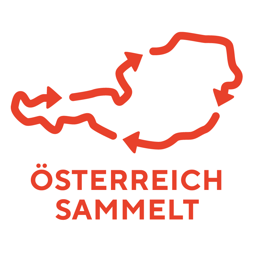 Rotes "&Ouml;sterreich-Sammelt"-Logo, &Ouml;sterreich ist mir roten Pfeilen umrandet, sie zeigen alle nach links