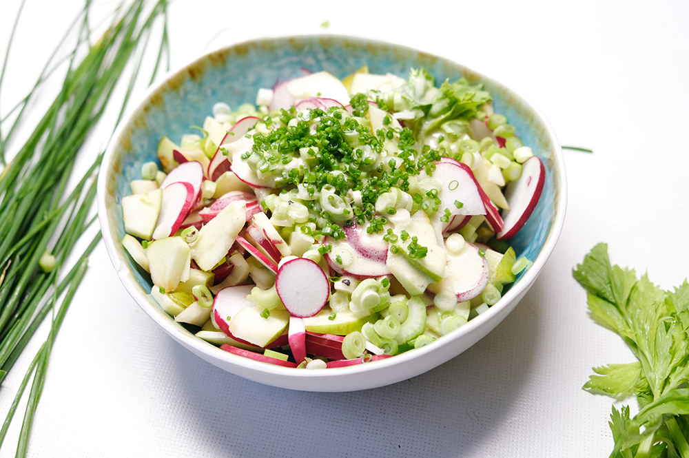 Türkise Keramikschüssel gefüllt mit einem bunten Salat aus geschnittenen Radieschen, Stangensellerie und Apfelstücken garniert mit Schnittlauch. Neben der Schüssel liegen Kräuter auf weißem Untergrund.