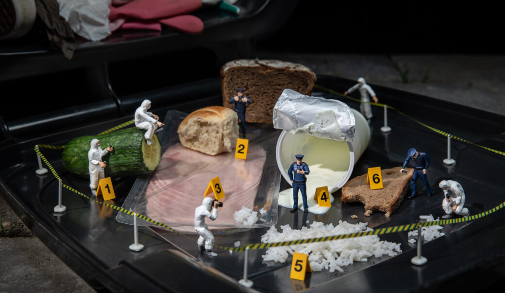 Miniaturpolizisten am Schauplatz "Tatort Tonne". Lebensmittelabfälle werden wie in einem Kriminalfall inspiziert, der Tatort mit Absperrband gesichert und alle Beweismaterialien sowie Lebensmittel-Opfer gesichert.