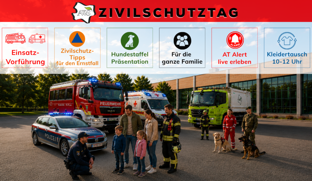 Ki-generiertes Bild, Polizeiauto, Feuerwehrauto, Müllauto, Polizist, Feuerwehrmänner, Rettungs-Sanitäterin, Familie und Rettungshund sind zu sehen, AWS Zivilschutztag